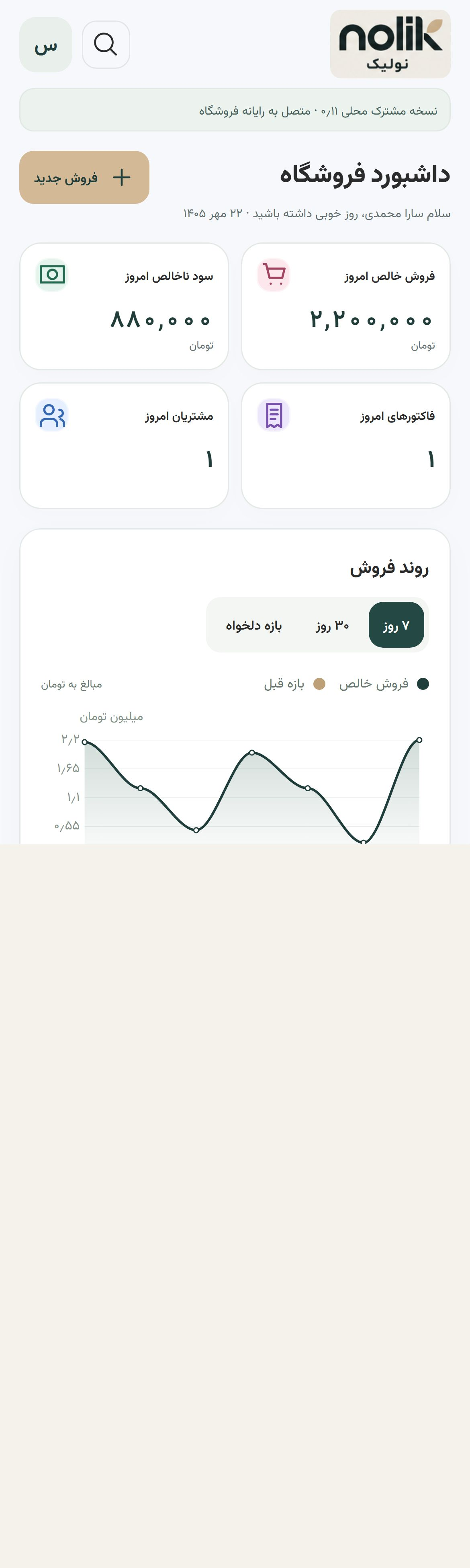 داشبورد واقعی موبایل نولیک با اطلاعات نمونه